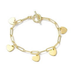 Heart Golden 304 Stainless Steel Charm Bracelets with Brass Paperclip Chains, Heart, 7-1/2~7-5/8 inch(19.2~19.3cm)