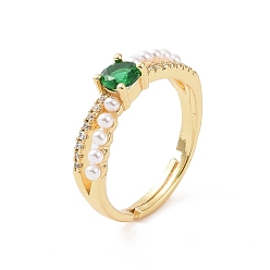 Green Real 18K Gold Plated Brass Micro Pave Cubic Zirconia Rings, Glass Rhinestone and Plastic Imitation Pearl Adjustable Rings for Women, Green, 2.5~5mm, Inner Diameter: US Size 7 1/4(17.5mm)