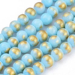 Bleu Ciel Brins de perles de jade mashan naturelles , avec de la poudre d'or, teint, ronde, bleu ciel, 4mm, Trou: 1mm, Environ 90 pcs/chapelet, 16 pouce