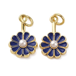 Синий Латунь эмаль подвески, цветок, с ABS имитации жемчуга, стойки покрытие, долговечный, с целью перехода в кольце, без кадмия и без свинца, с целью перехода в кольце, синие, 17x10.5x4 мм, отверстие : 3 мм