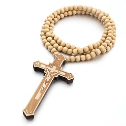BurlyWood Wood Cross Pendant Necklace with Round Beaded Chains for Men Women, BurlyWood, 35.43 inch(90cm)