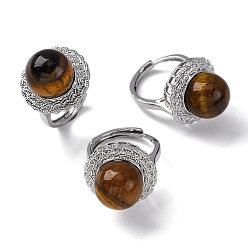 Тигровый глаз Натуральный тигровый глаз круглые регулируемые кольца для пальцев, платиновое латунное кольцо, стойки покрытие, долговечный, круглый : 21 мм, внутренний диаметр: американский размер 8 1/2 (18.5 мм)