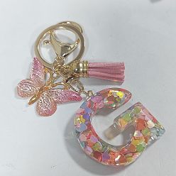 Letter G Acrylic and Resin Keychain, with Tassel, Alloy Rings, Butterfly, 10.02cm, Pendant: 23~43mm