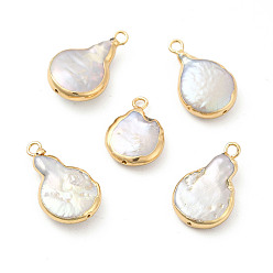 Light Gold Baroque Natural Keshi Pearl Pendants, Teardrop Charms, with Brass Loops, Light Gold, 17~21x12~13x4~5mm, Hole: 1.6~1.8mm