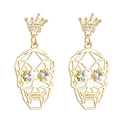 golden Sparkling Skull Crown Earrings - Unique Halloween Jewelry for Women in Sterling Silver