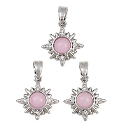 Pink Brass Micro Pave Clear Cubic Zirconia with Rose Quartz Pendants, Star Charms, Platinum, Pink, 14.5x13x4.5mm, Hole: 5x3mm