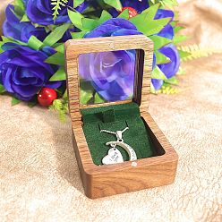 Green Wood Visible Window Pendant Storage Box, Pendant Magnetic Gift Case with Velvet Inside, Square, Green, 6.8x6.8x3.6cm