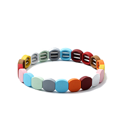 Hexagon Rainbow Color Enamel Tile Elastic Bracelet, Alloy Beaded Stretch Bracelet for Women, Hexagon Pattern, Wide: 10mm