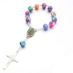 Silver Rosary Bracelet for Easter, Alloy Crucifix Cross Charm Bracelet with Polymer Clay Beaded Chains for Women, Silver, 5-1/2 inch(14cm)