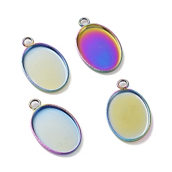 Rainbow Color Ion Plating(IP) 304 Stainless Steel Pendant Cabochon Settings, Plain Edge Bezel Cups, Oval, Rainbow Color, Tray: 14x10mm, 17.5x11x1.5mm, Hole: 2mm