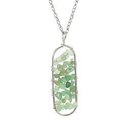 Green Aventurine Natural Green Aventurine Chips Beaded Oval Pendant Necklaces, with Cable Chains, 20.87 inch(53cm)