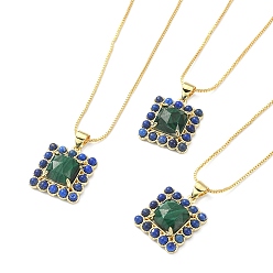 Lapis Lazuli Natural Malachite & Lapis Lazuli Rectangle Pendant Necklace, Real 18K Gold Plated Brass Jewelry, 17.48~17.68 inch(44.4~44.9cm)