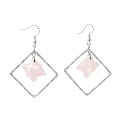 Розовый Кварц Латунные серьги-подвески в форме ромба, с натуральным розовым кварцем, долговечный, платина, 60x40 мм