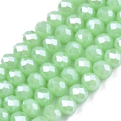 Light Green Electroplate Glass Beads Strands, Imitation Jade Beads, Pearl Luster Plated, Faceted, Rondelle, Light Green, 8x6mm, Hole: 1mm, about 68~70pcs/strand, 16 inch(40cm)