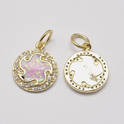 Real 18K Gold Plated Brass Cubic Zirconia Charms, with Synthetic Opal, Flat Round, Cadmium Free & Lead Free, Real 18K Gold Plated, 16x13.5x2mm, Hole: 4.5mm