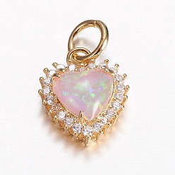 Pearl Pink Brass Micro Pave Cubic Zirconia Charms, with Synthetic Opal, Heart, Golden, Pearl Pink, 14x11.5x5mm, Hole: 4mm