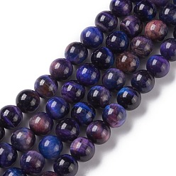 Midnight Blue Natural Galaxy Tiger Eye Beads Strands, Round, Dyed & Heated, Midnight Blue, 12mm, Hole: 1mm, about 33pcs/strand, 15.35''(39cm)