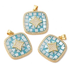 Бирюза Овальные подвески со звездами из латуни с микропаве и кубическими циркониями, с эмалью и ракушкой, долговечный, без свинца и без кадмия, реальный 18 k позолоченный, бирюзовые, 25x23x3 мм, отверстие : 5x4 мм