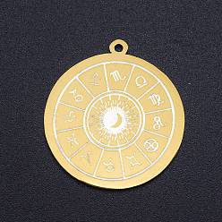 Golden 201 Stainless Steel Pendants, Laser Cut, Flat Round with Constellation, Golden, 27.5x25x1mm, Hole: 1.4mm