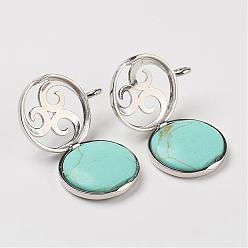 Synthetic Turquoise Synthetic Turquoise Pendants, with Brass Diffuser Locket Findings, Flat Round, 31x26x8mm, Hole: 4mm