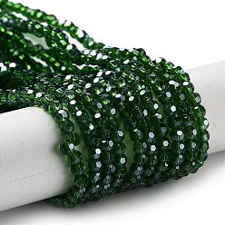 Зеленый Гальванизируйте прозрачное стекло бисер нитей, граненые, круглые, гальваническое покрытие, зелёные, 3 мм, отверстие : 0.8 мм, около 164~166 шт / нитка, 19.69~19.88 дюйм (50~50.5 см)