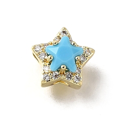 Светло-Голубой Латунные микро проложить кубического циркония бусы, звезда, с кристаллическим цирконием, реальный 18 k позолоченный, камень сентября, Небесно-голубой, 10x10x7.5 мм, отверстие : 2x2 мм