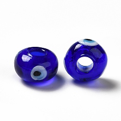 Blue Handmade Evil Eye Lampwork Beads, Rondelle, Blue, 13~14.5x13.5~15x8~9mm, Hole: 4.5mm