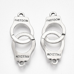 Antique Silver 304 Stainless Steel Interlocking Clasps, Handcuffs Shape with Word Freedom, Antique Silver, 40x15x2mm, Hole: 2mm