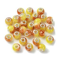 Gold Two Tone Glass European Beads, Large Hole Beads, with Silver Tone Brass Double Cores, Rondelle, Gold, 15x11mm, Hole: 5mm