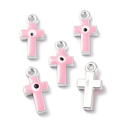 Pink CCB Plastic Enamel Pendants, Cross with Evil Eye, Pink, 21.5x11x4mm, Hole: 1.6mm