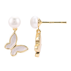 Real 18K Gold Plated Natural Pearl Dangle Stud Earrings, Brass Enamel Butterfly Drop Earring with 925 Sterling Silver Pins, Real 18K Gold Plated, 18x11mm, Pin: 12x0.8mm