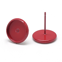 Crimson Spray Painted Brass Stud Earring Settings, with Iron Pins, Crimson, Tray: 12mm, 14mm, Pin: 0.8mm