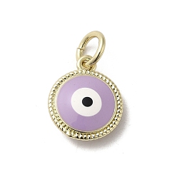 Lilac Brass Enamel Charms, with Jump Ring, Real 18K Gold Plated, Flat Round with Evil Eye Charm, Lilac, 13.5x11.5x3.7mm, Hole: 3.2mm