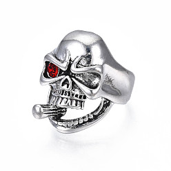 Siam Gothic Punk Skull with Cigarette Alloy Open Cuff Ring with Rhinestone for Men Women, Cadmium Free & Lead Free, Antique Silver, Siam, US Size 9 1/2(19.3mm)
