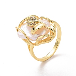 Античный Белый Перстень из натурального жемчуга с кубическим цирконием в виде листьев, ювелирные изделия из позолоченной латуни для женщин, без кадмия и без свинца, старинный белый, размер США 7 1/4 (17.5 мм)