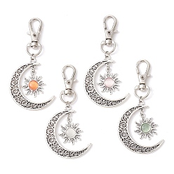 Mixed Color 4Pcs Moon & Sun Alloy Pendant Decorations, Cat Eye and Alloy Swivel Lobster Claw Clasps Charm, Antique Silver & Platinum, Mixed Color, 73mm