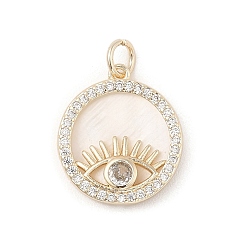 Evil Eye Brass Micro Pave Clear Cubic Zirconia Pendants, with Natural White Shell and Jump Ring, Real 18K Gold Plated, Flat Round, Evil Eye, 18x16x3mm, Hole: 3.2mm