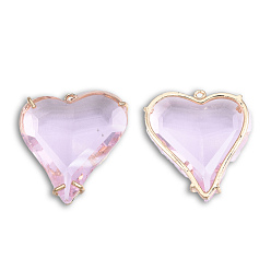 Pink Transparent K9 Glass Pendants, with Light Gold Plated Brass Findings, Cadmium Free & Lead Free, Faceted, Heart, Pink, 26.5x26.5x7.5mm, Hole: 1.2mm