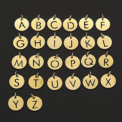 Golden 201 Stainless Steel Charms, Laser Cut, with Jump Rings, Flat Round with Alphabet A~Z, Golden, 12x12x1mm, Hole: 3mm, 26pcs/set