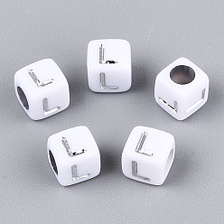 Letter L Акриловые бусины, горизонтальное отверстие, металлическое покрытие, кубические, белые, Письмо L, 6x6x6 мм, отверстие : 3.5 мм, 2600 шт / 500 г