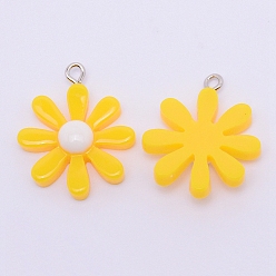 Yellow Resin Pendants, with Platinum Plated Iron Loops, Daisy, Yellow, 28x23.5x2mm, Hole: 2mm
