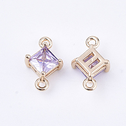 Medium Purple Transparent Glass Links connectors, with Brass Findings, Faceted, Rhombus, Light Gold, Medium Purple, 11x7x4mm, Hole: 1mm, Side Length: 5mm