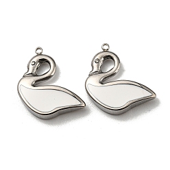 White 304 Stainless Steel Enamel Pendants, Swan Charms, Stainless Steel Color, White, 17.5x17x3.5mm, Hole: 1mm