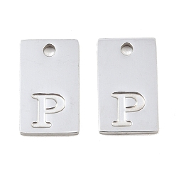 Letter P 304 Stainless Steel Pendants, Rectangle with Letter Charms, Stainless Steel Color, Letter P, 16x10x1.4mm, Hole: 1.8mm