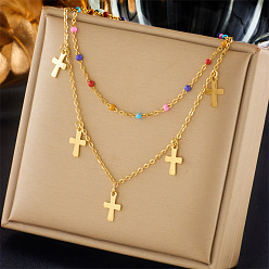 necklace Boho Style Mixed Color Beaded Chain Cross Pendant Titanium Steel Jewelry Set
