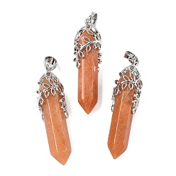 Красный Авантюрин Натуральный красный авантюрин подвески, пулевые чары, с латунной отделкой в виде листа, без кадмия и без свинца, 44~46x11.5~12x12 мм, отверстие : 8x5 мм