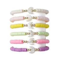 Moon 6Pcs 6 Color Polymer Clay Heishi Surfer Stretch Bracelets Set, Natural Shell Beaded Stackable Bracelets, Moon, Inner Diameter: 1-7/8~2 inch(4.9~5.2cm), Wide: 4~12mm, 1Pc/color