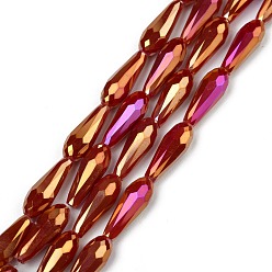 Dark Red Electroplated Opaque Glass Beads Strands, Full Rainbow Plated, Faceted, Teardrop, Dark Red, 15x6mm, Hole: 1mm, about 50pcs/Strand, 28.35 inch(72cm)