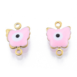Pink 304 Stainless Steel Enamel Connector Charms, Real 18K Gold Plated, Butterfly with Evil Eye Charm, Pink, 12.5x8.5x3mm, Hole: 1.2mm