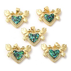 Real 18K Gold Plated Rack Plating Brass Micro Pave Cubic Zirconia with Synthetic Opal Pendants, with Jump Ring, Lead Free & Cadmium Free, Long-Lasting Plated, Heart with Bird, Real 18K Gold Plated, 16.5x23.5x4.3mm, Hole: 5x3.5mm